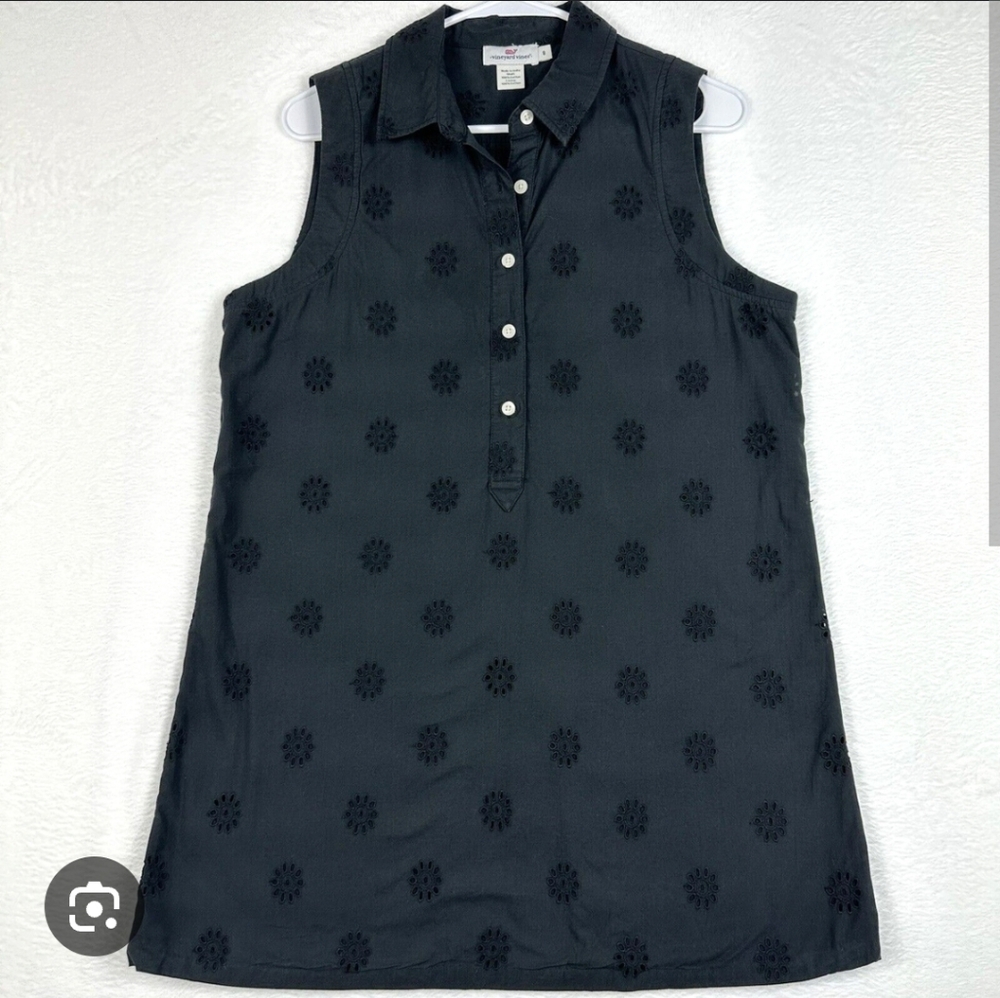 Vineyard Vines Womens Sleeveless Black Eyelet Lined Collared Dress